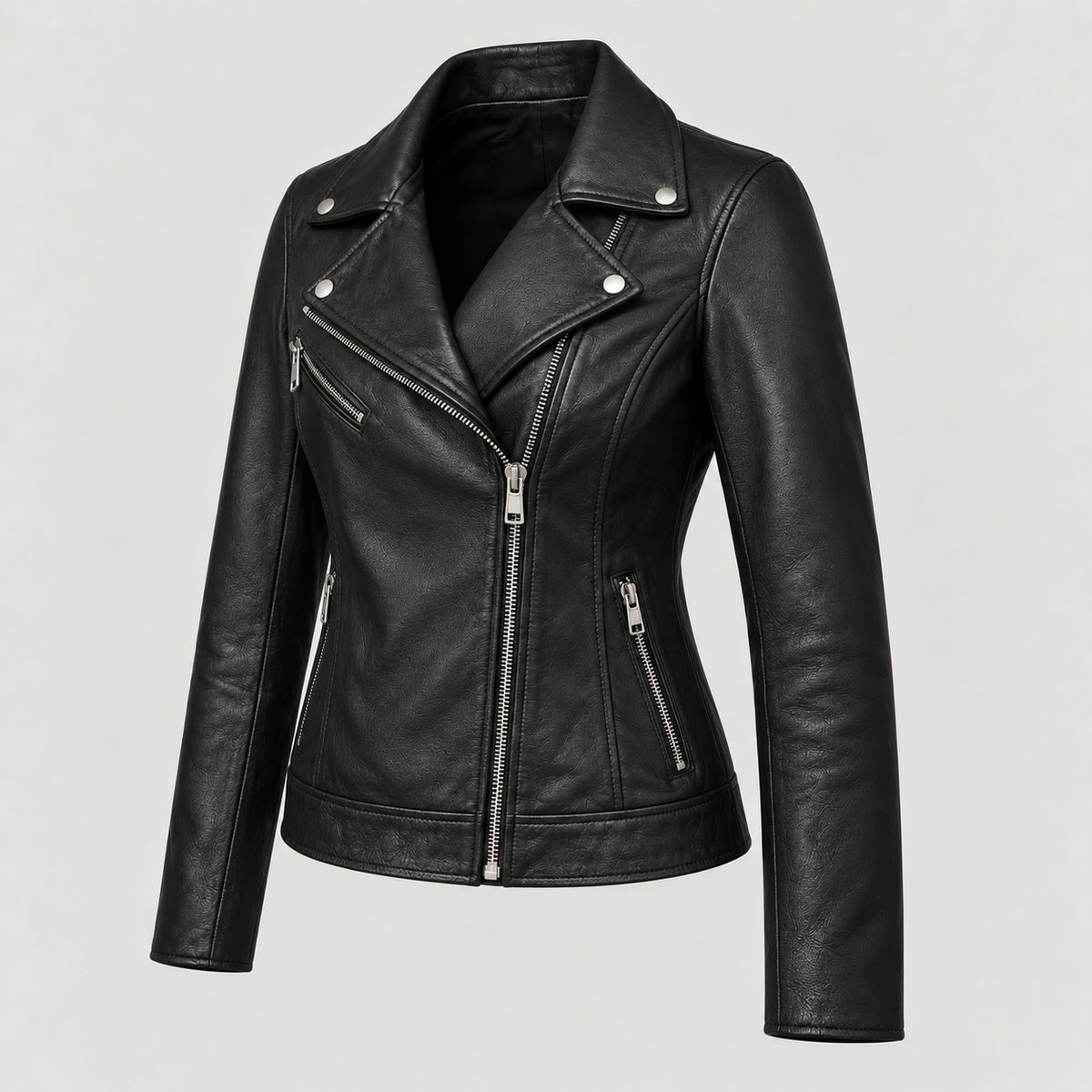 Monal Women's Classic Black Leather Biker Jacket — three quarter view b — AI-generated illustration