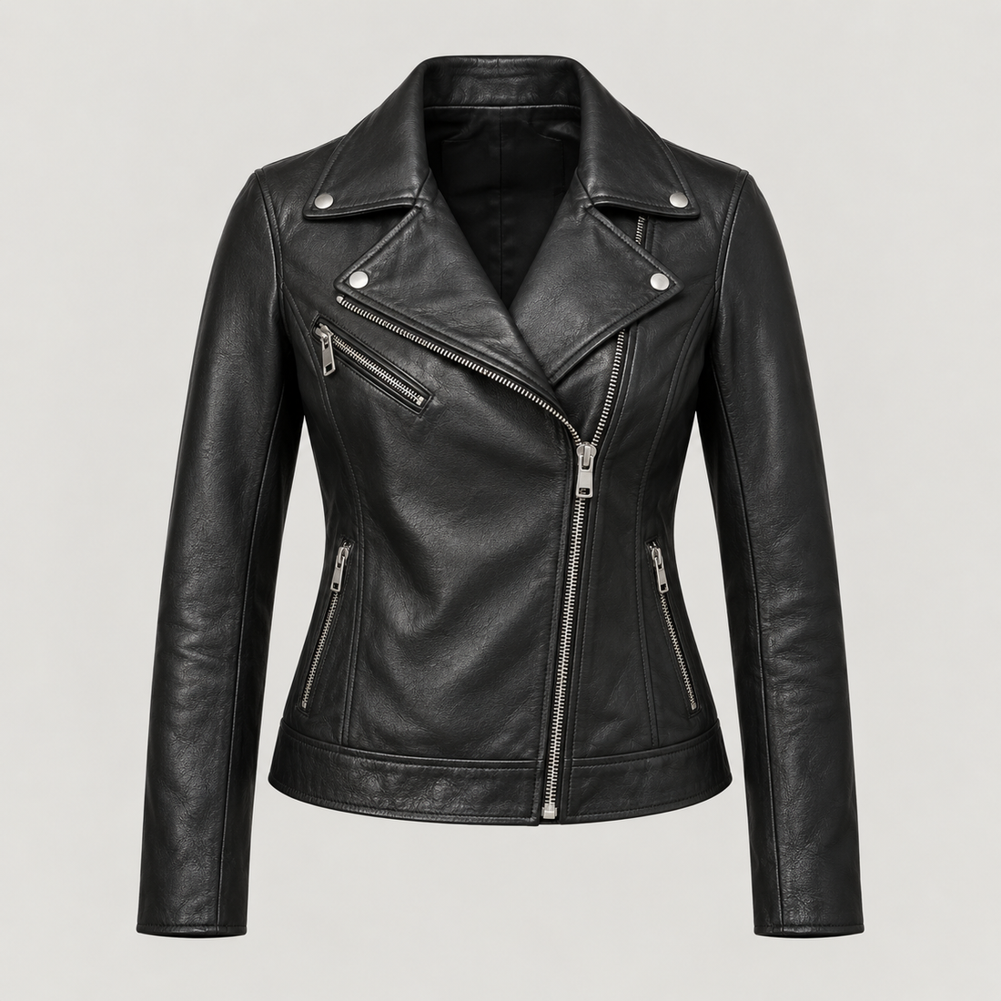 Women's Classic Black Leather Biker Jacket — AI concept image
