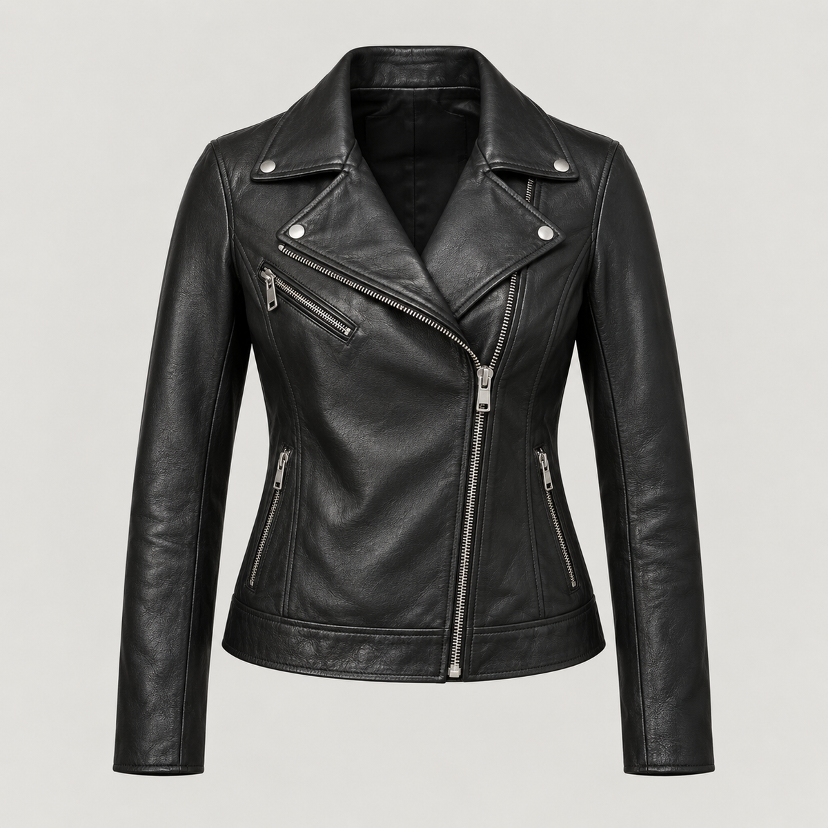 Women's Classic Black Leather Biker Jacket — AI concept image