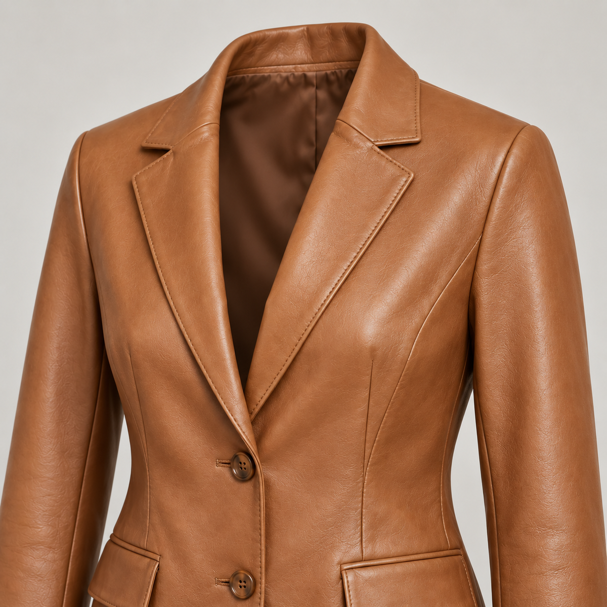 Monal Women's Tan Leather Blazer — collar detail — AI-generated illustration