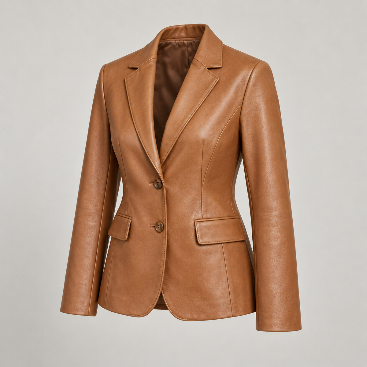 Monal Women's Tan Leather Blazer — three quarter view b — AI-generated illustration